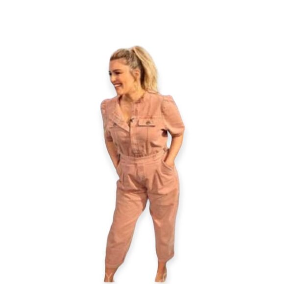 Mauby Blush Pink Puff Sleeve Denim Jumpsuit Small NWT Adjustable Belt - Picture 3 of 16